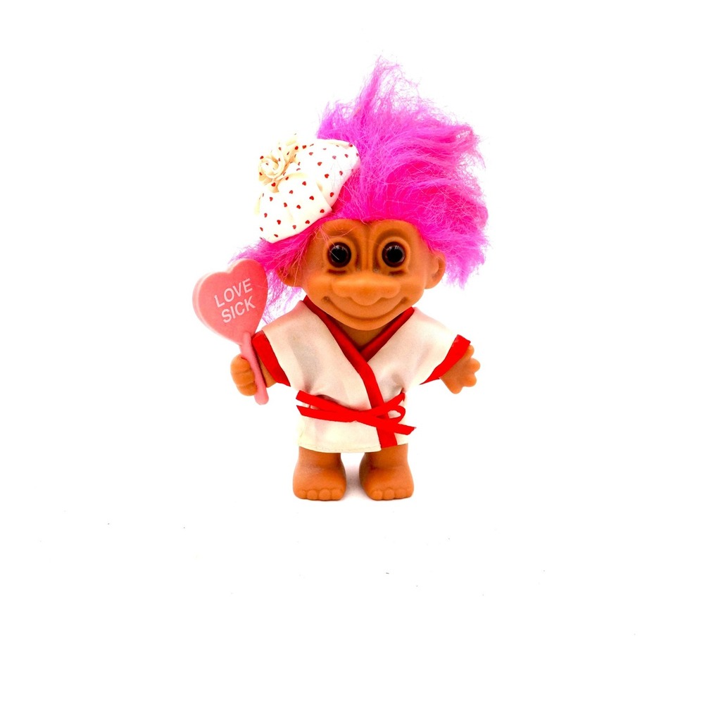 Vintage Russ Berrie Love Sick Troll Doll Pink Hair 1990s Valentine‎ Collectible